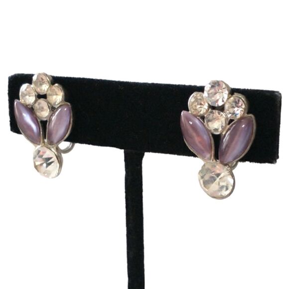 Victorian Rhinestone Earrings Purple Art Deco Lavender Screw Back Silver Tone - Picture 7 of 15